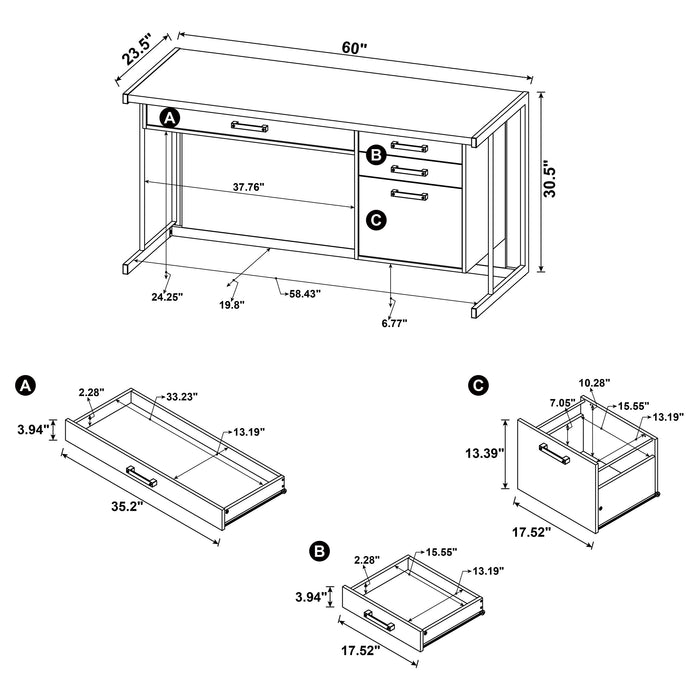 Whitewashed grey CoasterEssence Loomis 60-inch 4-drawer computer desk with spacious work surface and storage drawers