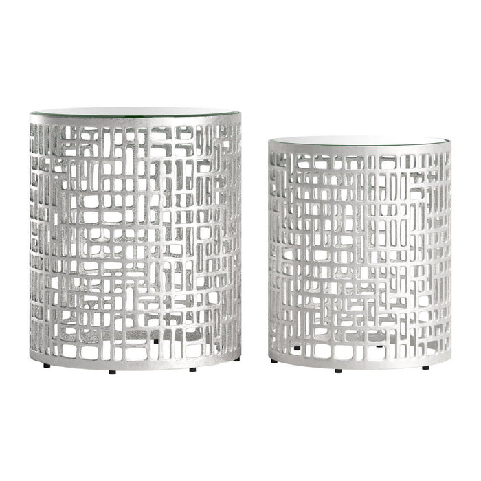 Mirrored Glass Aluminum Round Pedestal End Table - Silver