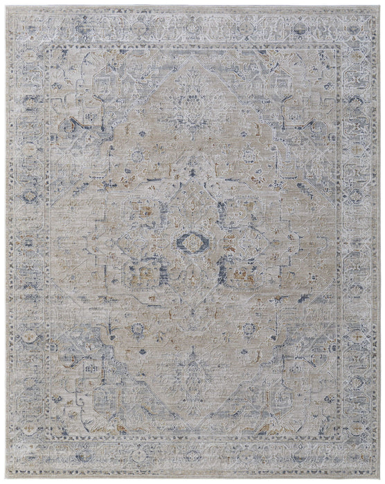9' x 13' Oriental Power Loom Worn Faded Area Rug With Fringe - Ivory Taupe And Blue