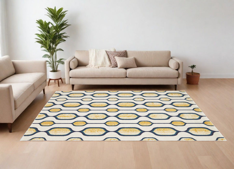 10' x 13' Geometric Power Loom Area Rug - Ivory Blue And Yellow
