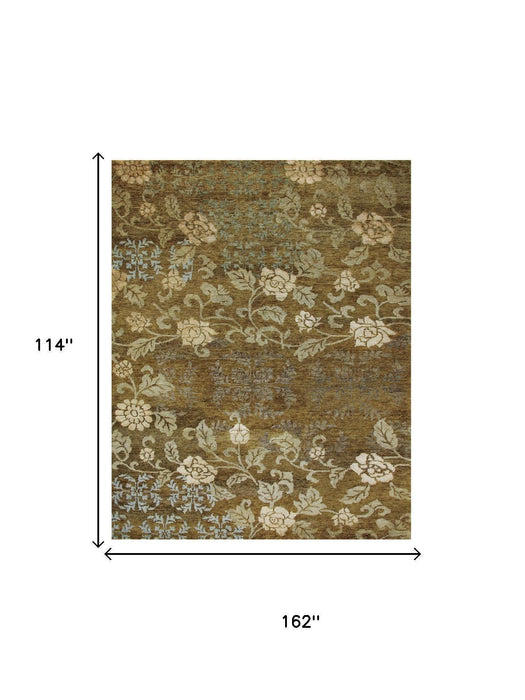 9' X 13' Floral Hand Knotted Area Rug (744420) - Brown / Green / Blue