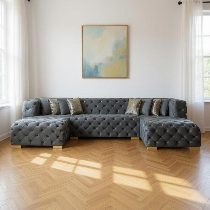Tufted Velvet Modular U Shaped Sofa Chaise Sectional With Toss Pillows - Gray