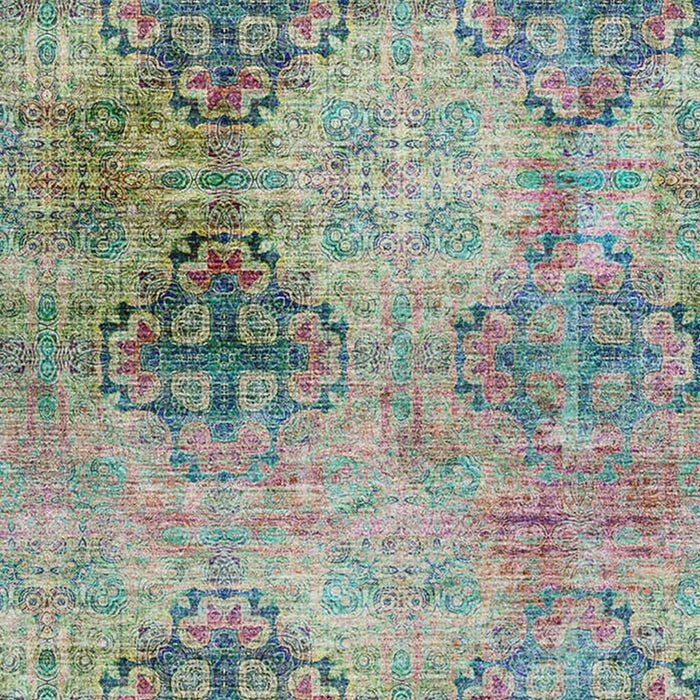10' X 14' Floral Medallion Distressed Washable Area Rug With UV Protection (648928) - Green / Blush / Teal