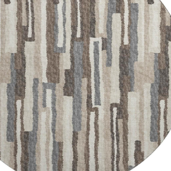 8' Transitional Abstract Washable Round Rug With UV Protection - Brown