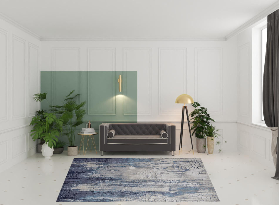 8' x 10' Abstract Power Loom Distressed Area Rug - Ivory Blue And Black