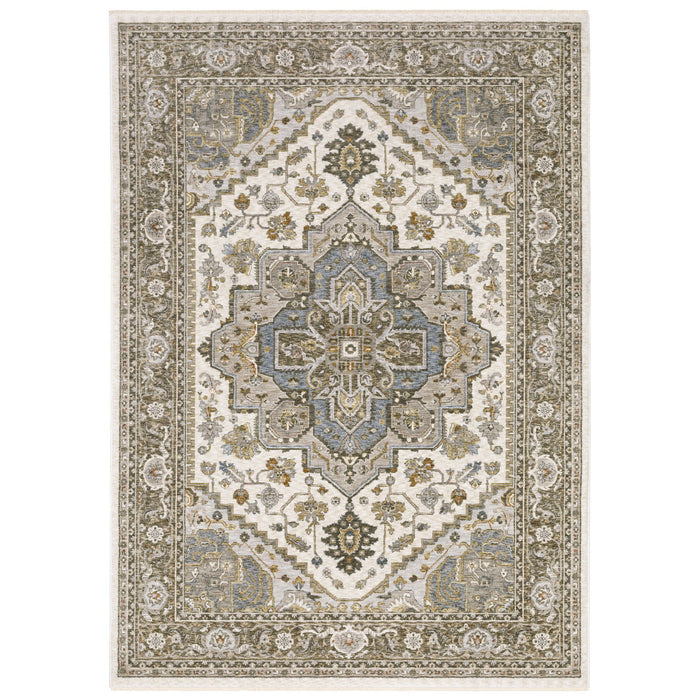 7' X 10' Medallion Distressed Area Rug With Fringe - Ivory And Gold