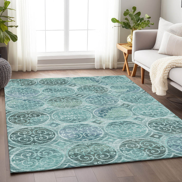 10' X 14' Medallion Washable Area Rug With UV Protection - Teal And Aqua