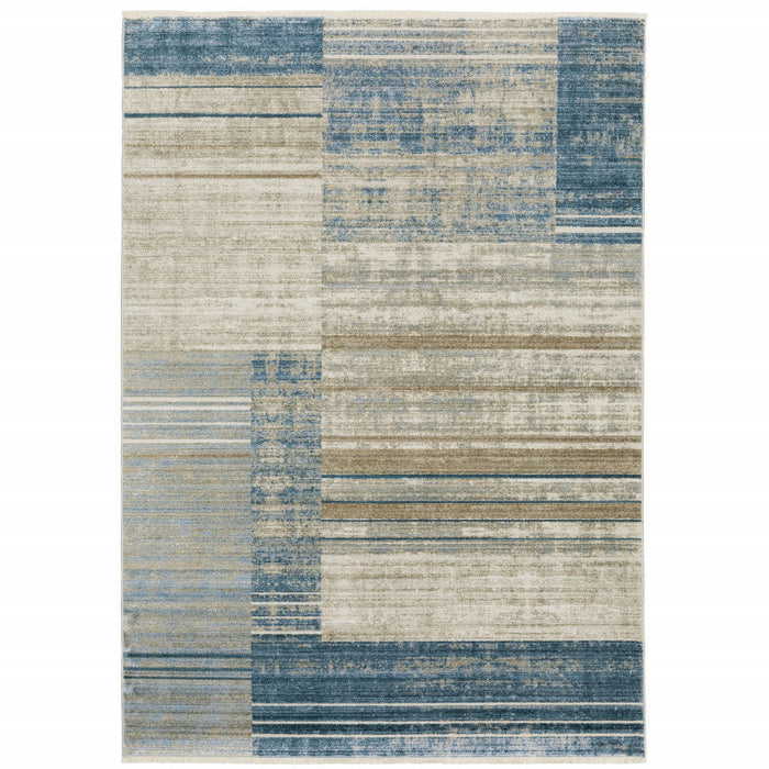 8' x 11' Geometric Power Loom Stain Resistant Area Rug With Fringe - Blue Dark Blue Teal Gray Ivory Beige And Tan