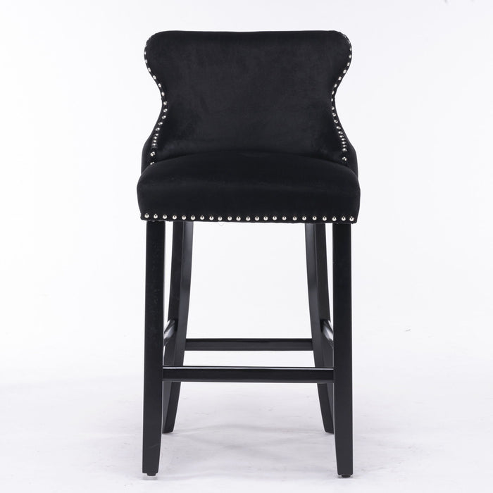 Contemporary Upholstered Wing-Back Barstools With Button Tufted Decoration And Wooden Legs, And Nailhead Trim, Leisure Style Bar Chairs, Bar Stools (Set of 2)