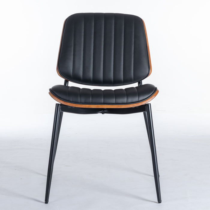 Set of 2 Giga mid-century modern dining chairs with walnut bentwood back, upholstered seat, metal legs, and adjustable feet.