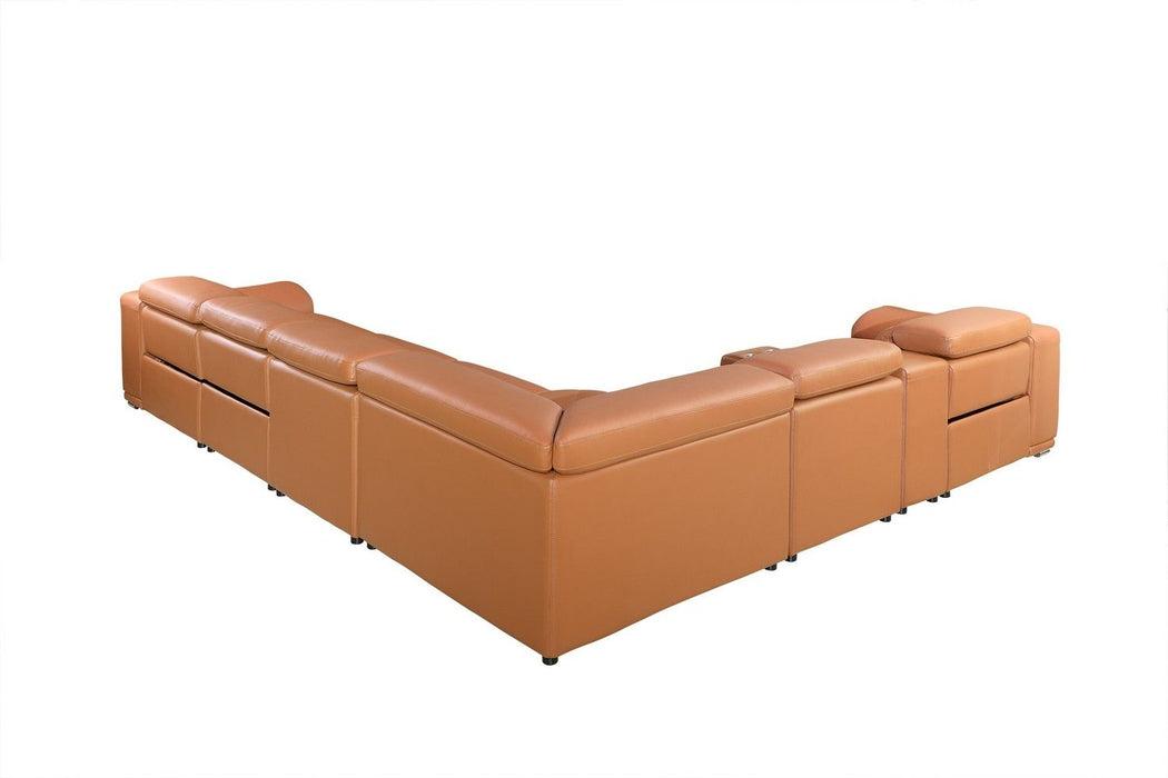 Italian Leather Power Reclining Eight Piece Corner Sectional With Console - Camel