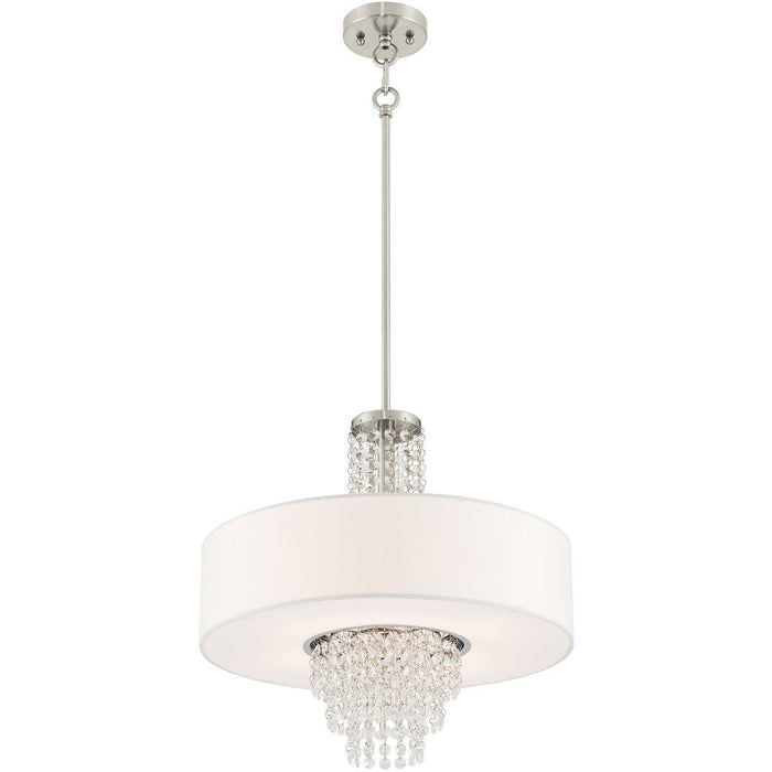 HomeRoots four-light metal chandelier with shades, featuring nickel finish, clear and off-white shades, dimmable lighting.