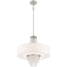 HomeRoots four-light metal chandelier with shades, featuring nickel finish, clear and off-white shades, dimmable lighting.
