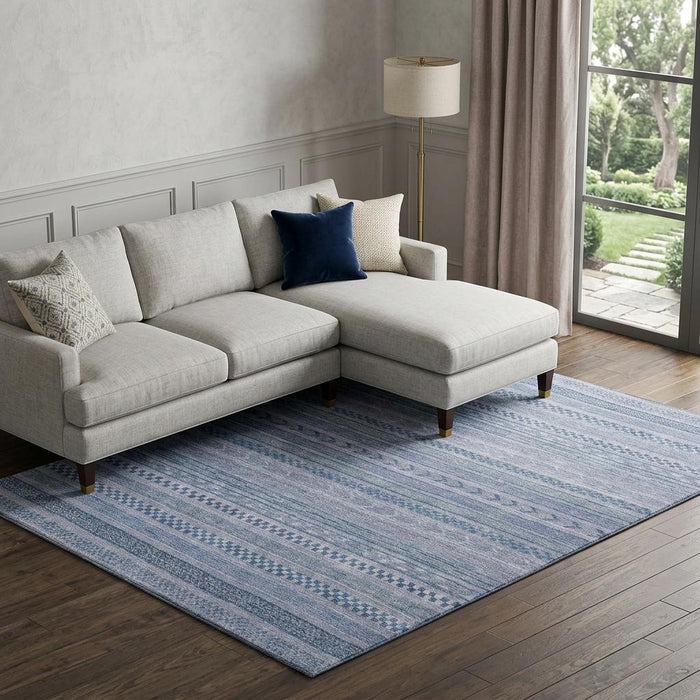 10' X 14' Striped Washable Area Rug With UV Protection (695186) - Denim Blue / Gray