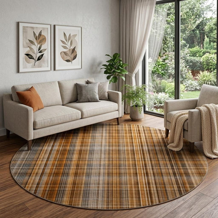 8' Plaid Washable Round Rug With UV Protection (648313) - Terra Cotta / Gray