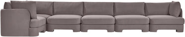 Meridian Furniture velvet L-shaped sectional with six pieces, upholstered in plush fabric for a stylish, comfortable stationary sofa.