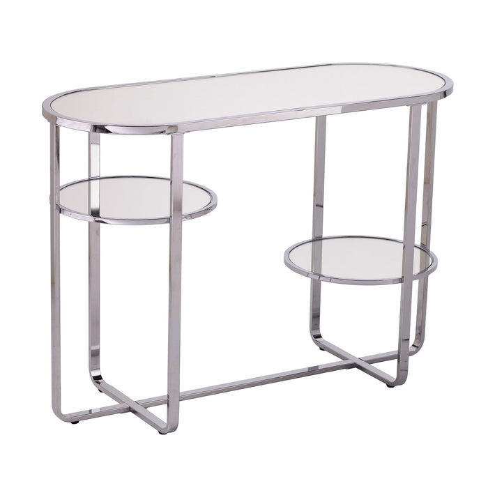 Mirrored Glass Oval Cross Console Table With Shelves - Silver