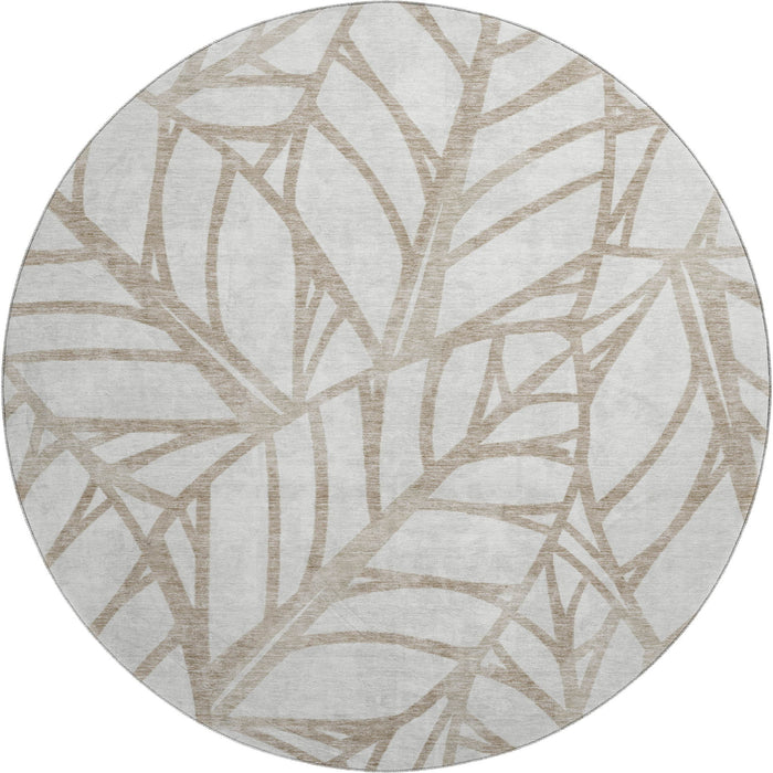 8' Floral Washable Round Rug With UV Protection - Beige And Brown