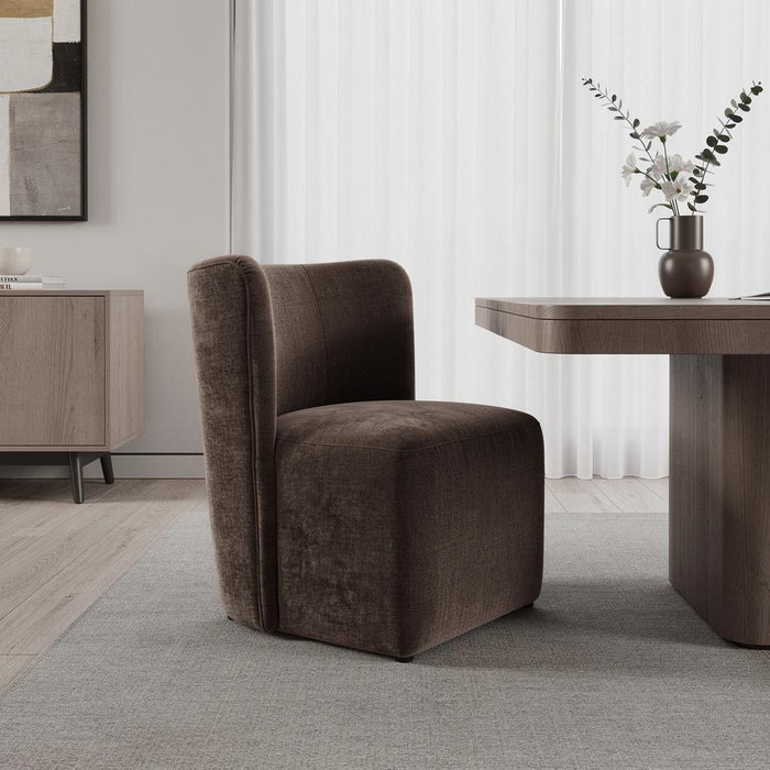 Upholstery Steel Dining Side Chair With Wheels - Taupe / Brown