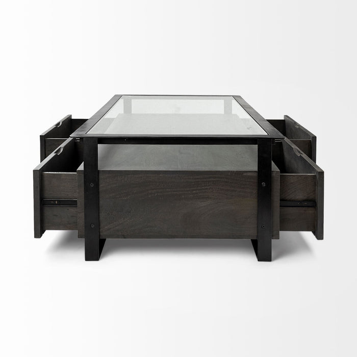 Glass Rectangular Coffee Table With Four Drawers Shelf - Clear / Black