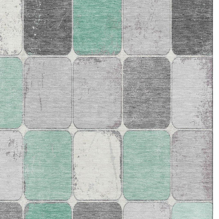 10' X 14' Geometric Washable Area Rug With UV Protection (709126) - Mint Green / Ivory / Gray