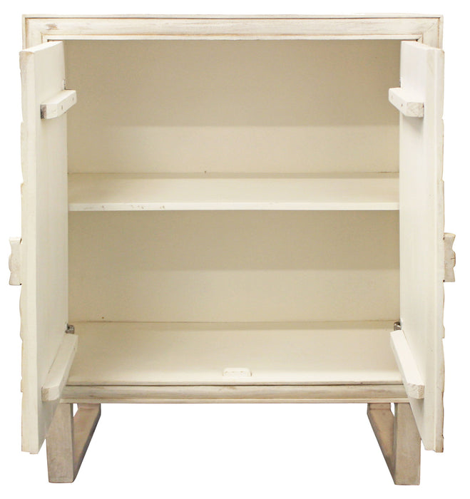 Solid Wood Two Door Floral Carved Accent Cabinet - Distressed White