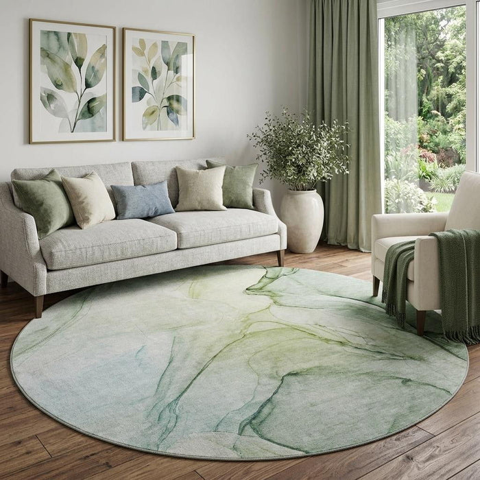 8' Abstract Washable Round Rug With UV Protection (646629) - Green / Ivory