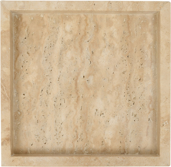 Michael Meridian Furniture travertine tray with handles, rectangular surface, showcasing elegant natural stone design.