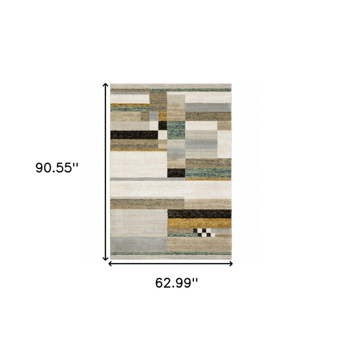 5' x 7' Geometric Power Loom Area Rug - Beige Gold Black Gray Tan Teal And Rust