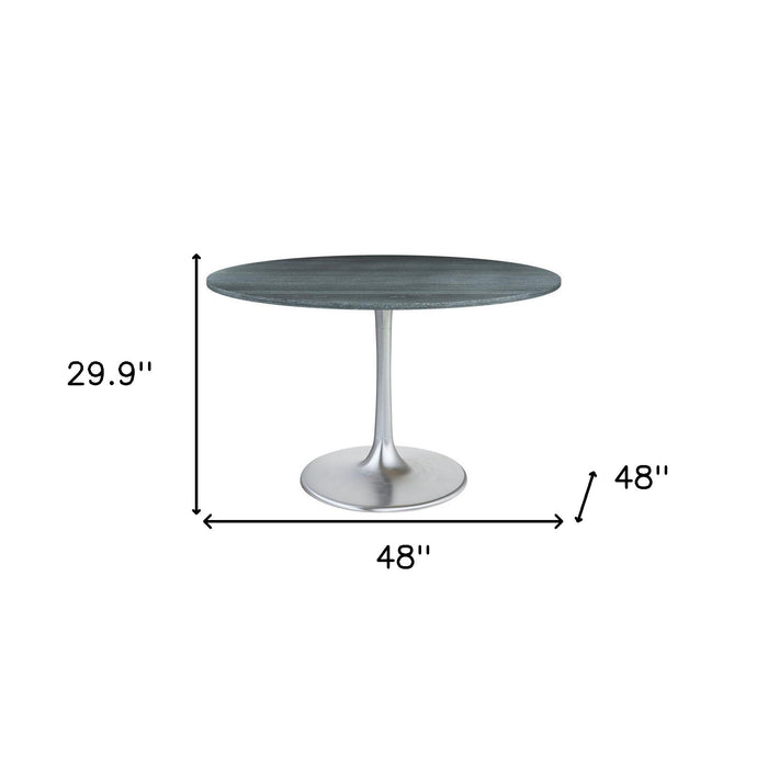 48" Marble And Aluminum Pedestal Base Round Top Dining Room Table - Silver