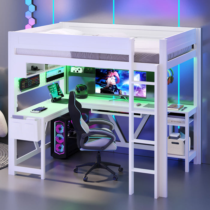 Giga gaming loft bed with built-in desk, storage shelves, LED lights, and charging station, ideal for bedroom gaming setups.