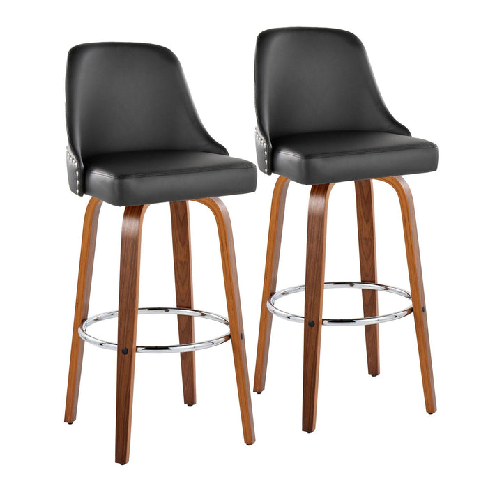 Marcel - 30" Fixed-Height Barstool With Swivel And Round Chrome Metal Footrest (Set of 2) - Walnut Wood And Black Faux Leather With Chrome Nailhead Trim