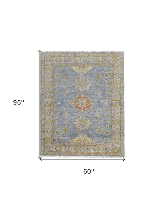 5' x 8' Wool Geometric Hand Knotted Area Rug With Fringe - Green Blue And Yellow