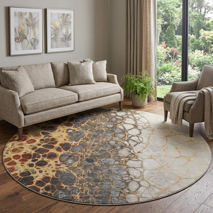 8' Abstract Washable Round Rug With UV Protection (657074) - Ivory / Gray / Gold