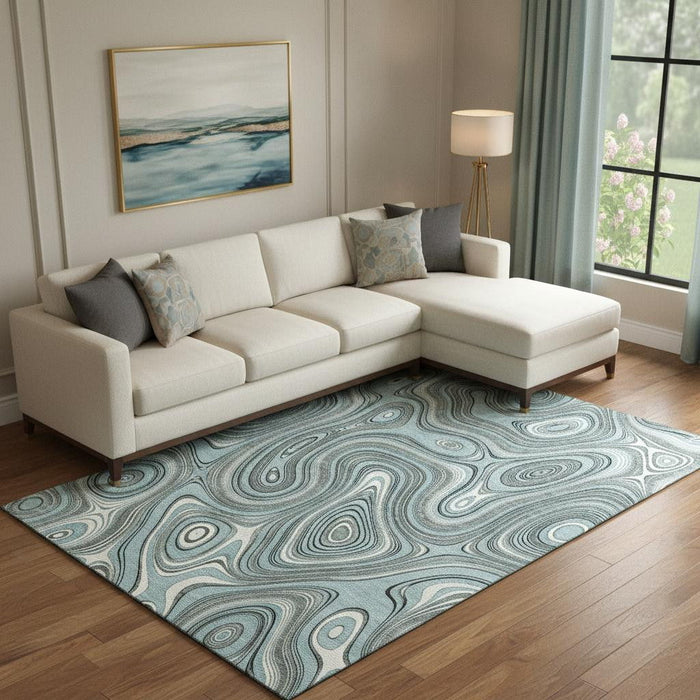 10' X 14' Geometric Washable Area Rug With UV Protection (717741) - Sky Blue / Ivory