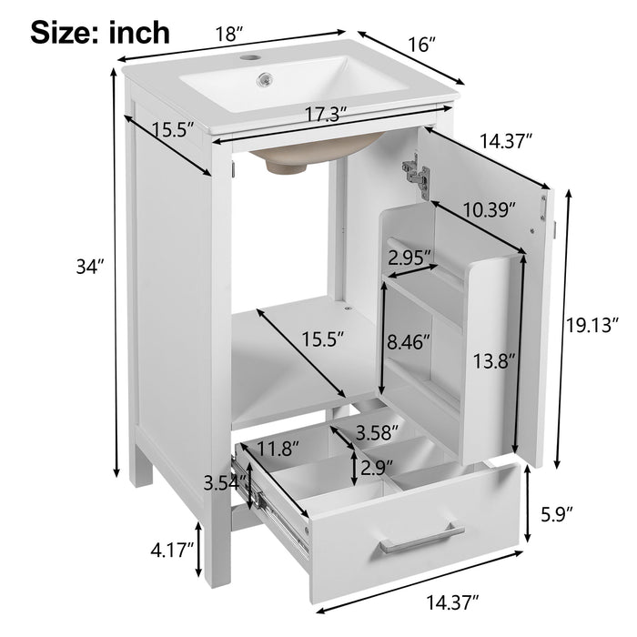 Giga bathroom vanity with ceramic sink, soft-close drawers, door organizer, divider drawer, and adjustable foot pads.