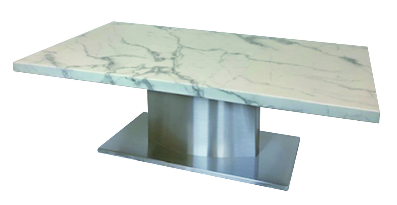 White and silver marble and stainless steel pedestal coffee table with sleek design, modern style, and sturdy base.