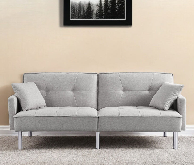 Polyester Blend Convertible Futon Sleeper Sofa And Toss Pillows With Silver Legs - Light Gray