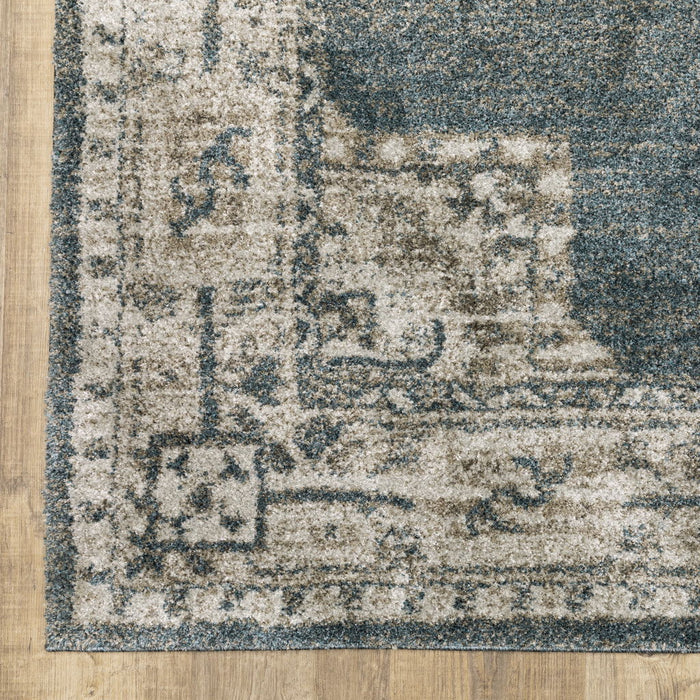 6.6' x 9.5' Oriental Power Loom Area Rug - Blue And Beige