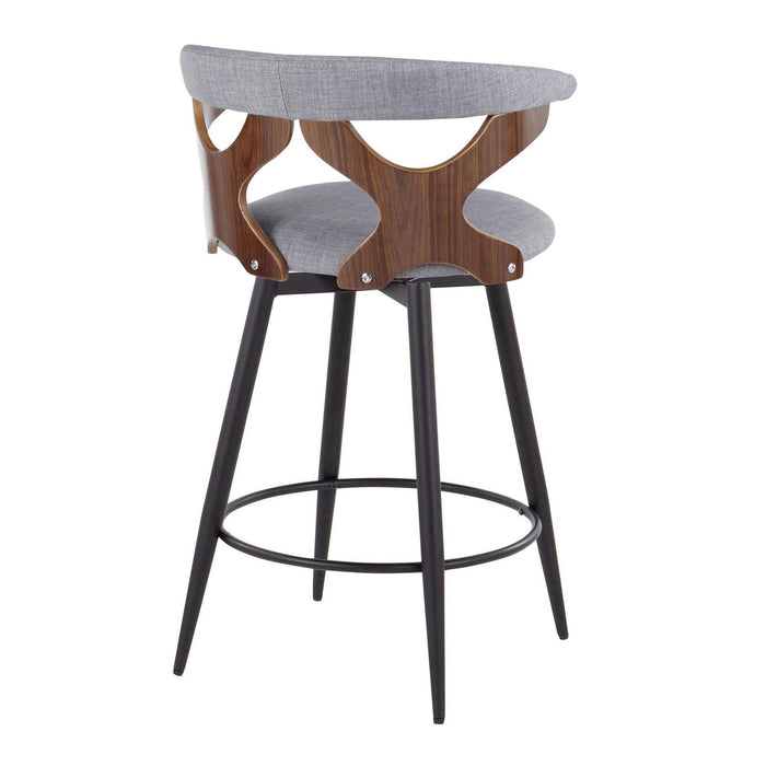 Gardenia - 25" Fixed-Height Counter Stool With Swivel And Rounded Black Metal Footrest (Set of 2) - Black Metal, Walnut Wood