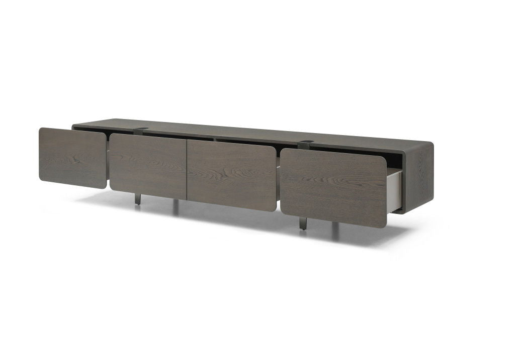 Ash gray wood and stainless steel enclosed TV stand with nickel accents, modern storage solution for living rooms.