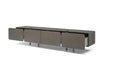 Ash gray wood and stainless steel enclosed TV stand with nickel accents, modern storage solution for living rooms.