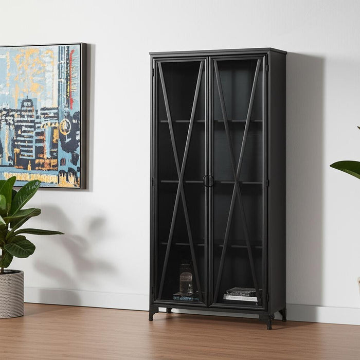 38" Glass And Metal Display Cabinet With Two Doors - Black