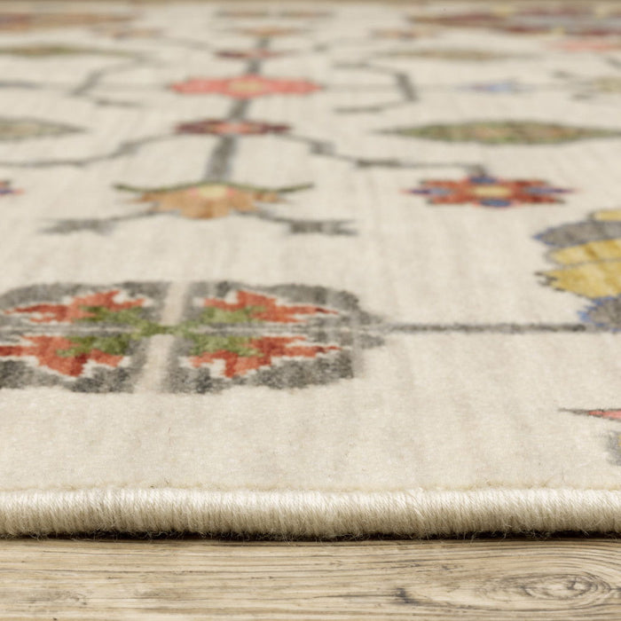 5' x 8' Oriental Power Loom Stain Resistant Area Rug With Fringe - Ivory Yellow Rust Green Gray Pink Orange Blue And Gray