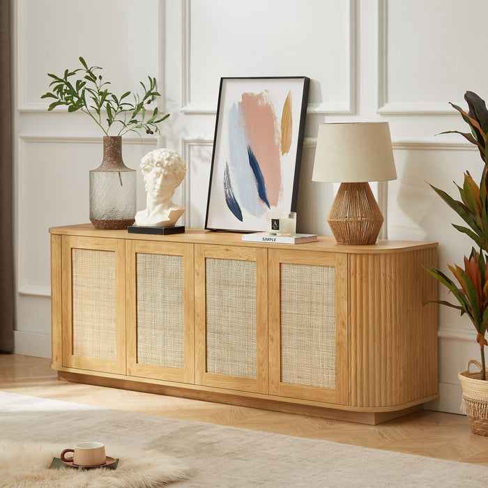 Contemporary wave-shaped Giga TV stand with rattan doors, modern design, and open shelf for media devices and decor.