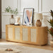 Contemporary wave-shaped Giga TV stand with rattan doors, modern design, and open shelf for media devices and decor.