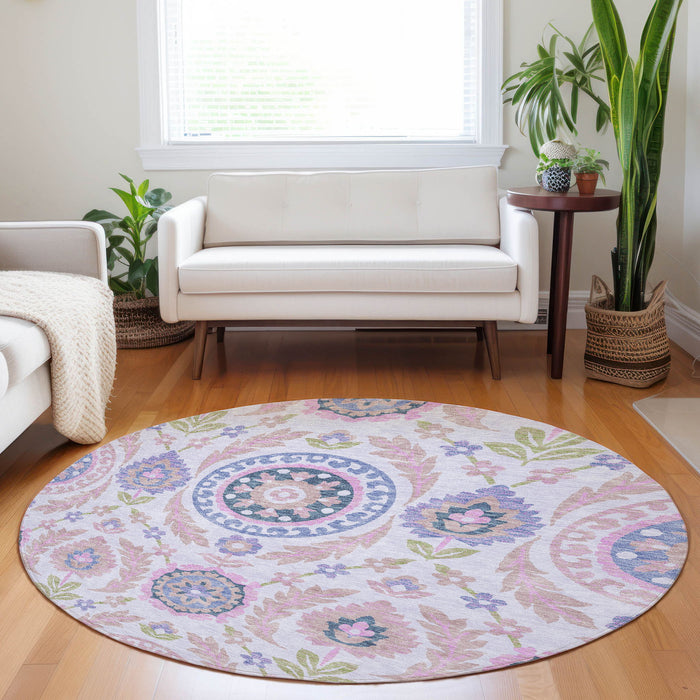 8' Transitional Floral Washable Round Rug With UV Protection - Blush