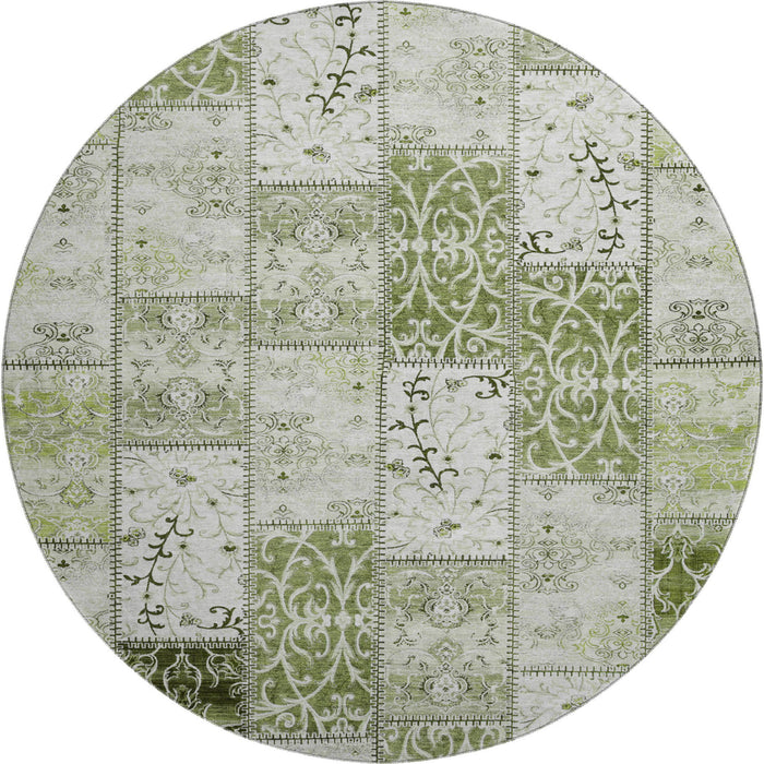 8' Patchwork Distressed Washable Round Rug With UV Protection (649573) - Green / Ivory