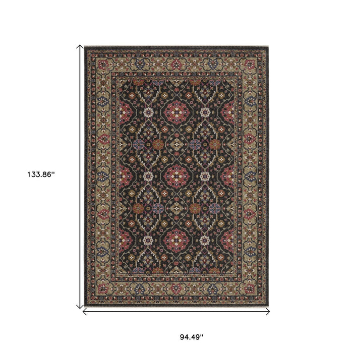8' X 11' Oriental Area Rug With Fringe - Charcoal And Pink