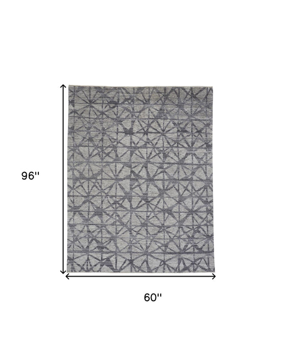 5' X 8' Wool Geometric Hand Knotted Distressed Area Rug - Gray